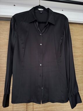 Ann Taylor Black Satin Button-Front Blouse